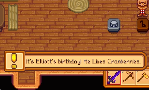 NPC Birthday Alerts morning HUD notification listing today's birthdays with gift suggestions